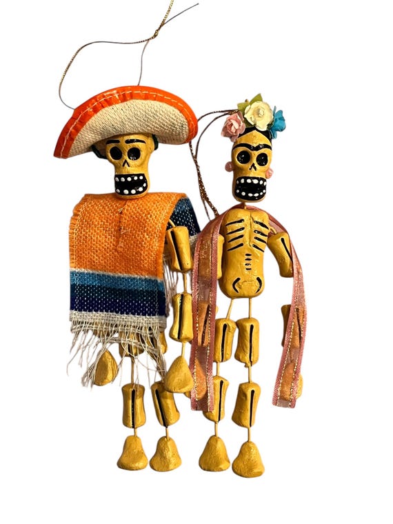 Day of the Dead Ornaments, Muertos PAIR, Calavera with Sombrero + Frida, SET (2)