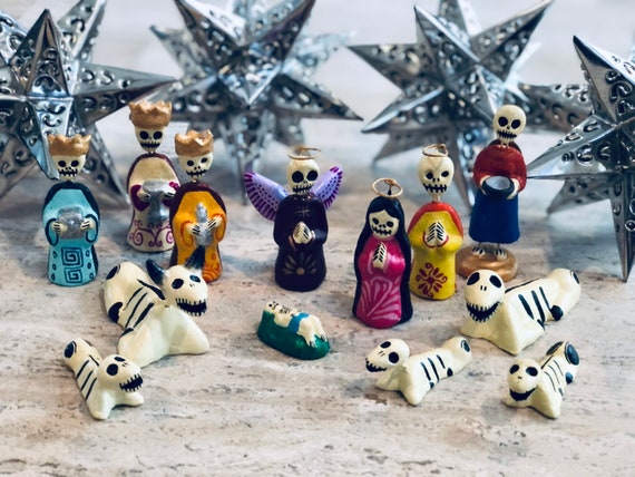 Tin STARS + Day of the Dead NATIVITY Set, Mexican Christmas