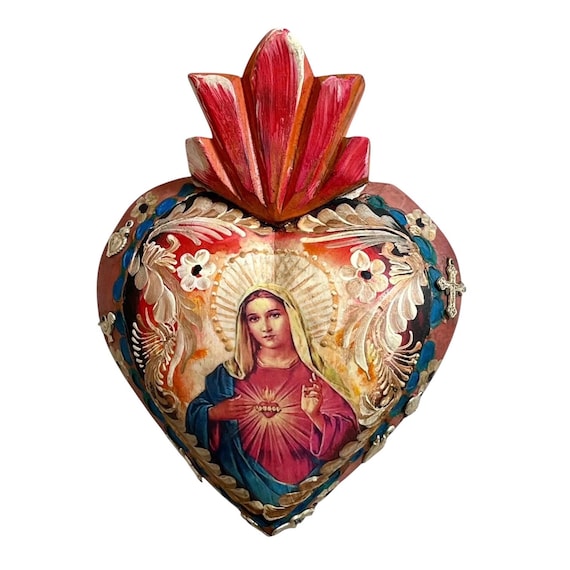 SACRED HEART of Mary, Virgin Mary Heart w Milagros, Mexican Corazon w ExVotos, Immaculate Heart of Mary LARGE 10”