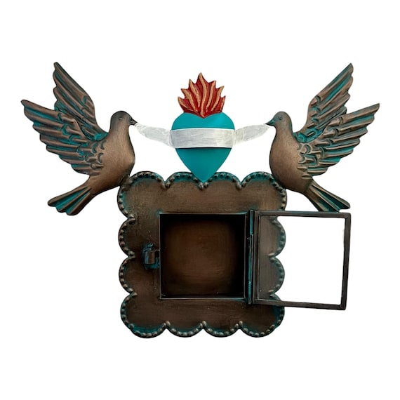 Mexican Tin Sacred Heart Nicho, Shadowbox Frame with Doves, Blue Heart