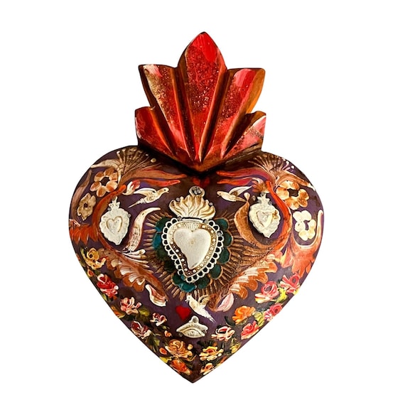 Sacred HEART, Painted Milagro Heart w Doves, Mexican Corazon LG 10”