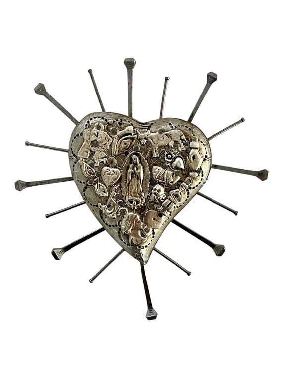Milagros Heart with Nails 7” Embossed Tin Mexican Corazón