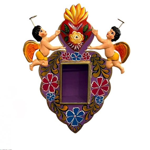 Tin HEART Nicho FRAME Sacred Heart & Angels , Punched Tin Heart, Mexican Corazon LARGE