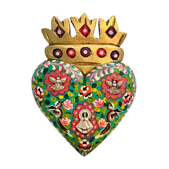 Milagros Heart Virgin GUADALUPE & Doves, ExVotos Corazon, SACRED Heart with CROWN