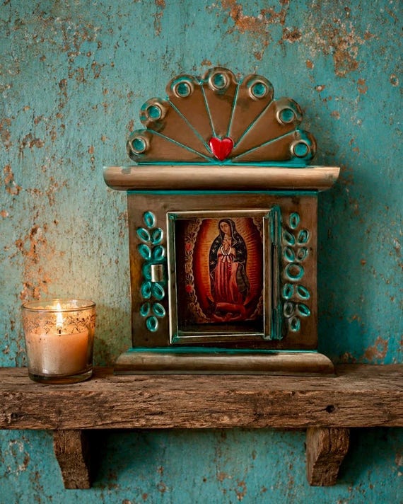 Mexican Tin Heart Nicho Frame, Virgin Guadalupe Shadowbox, Small 5”