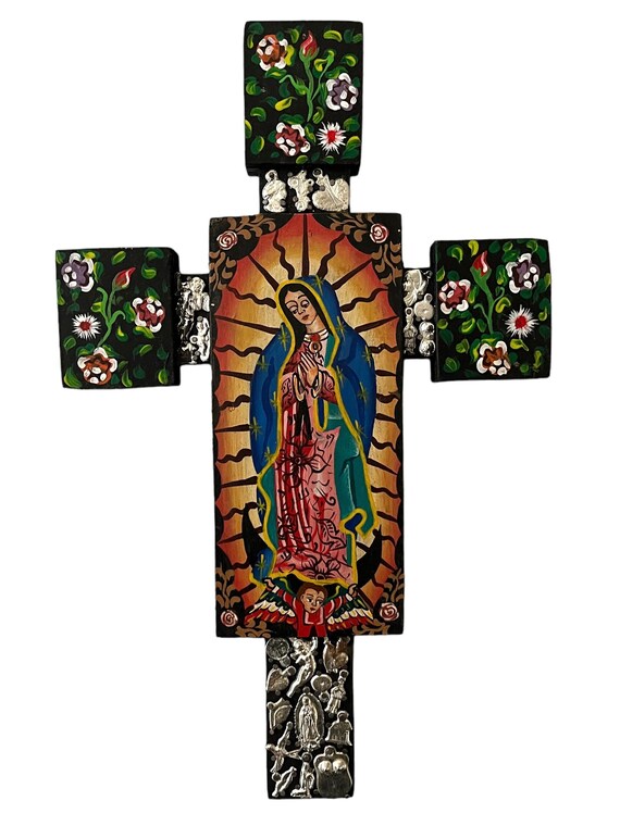 MILAGROS Cross with VIRGIN GUADALUPE, Mexican ExVotos Hand Painted Cross XLarge 18”