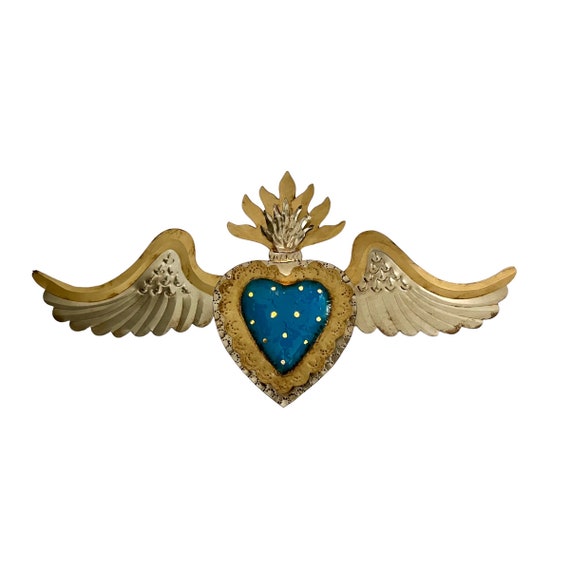 SACRED HEART Tin Luminaria, Punched Tin Heart Light, Winged Heart, Blue Heart with Wings  24"W
