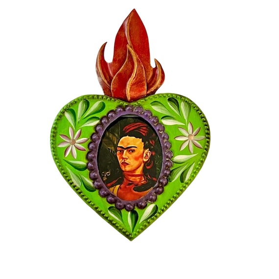 Small SACRED HEART Frame with Frida and Mexican Punched Tin