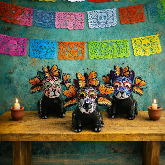 DAY of the Dead DOG, Altar Ofrenda Decoration, Mexican Pottery, Skeleton Puppy with BUTTERFLIES