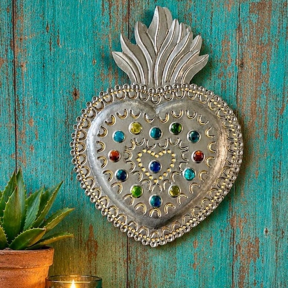SACRED HEART Luminaria, Punched Tin Heart, Mexican Corazon 12” H