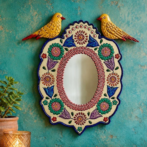 Mexican TIN MIRROR with Birds, Hand Painted Oval Mirror LG 13”H