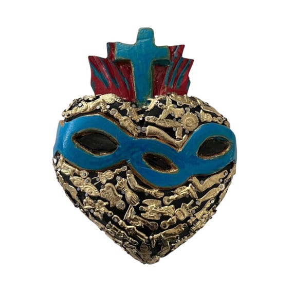 Mexican MILAGROS HEART with Cross & Thorns, Sacred Heart with Charms, ExVotos Corazon