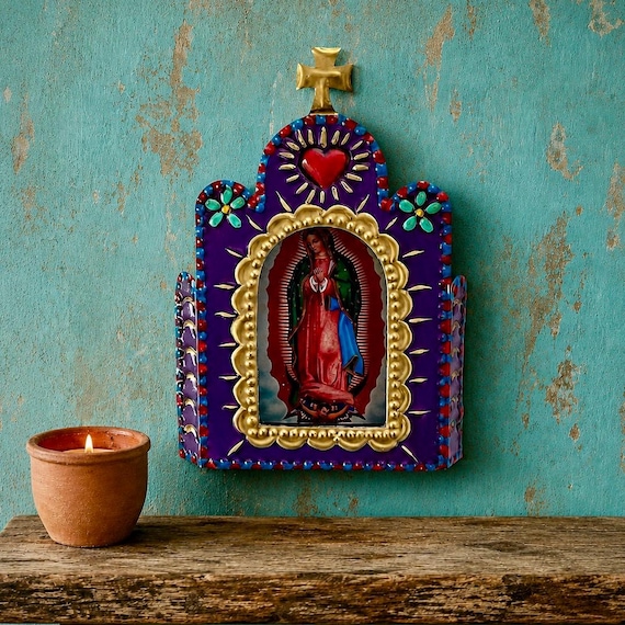 VIRGIN GUADALUPE Tin Nicho, Mexican Church Frame, Small 5 1/2”H