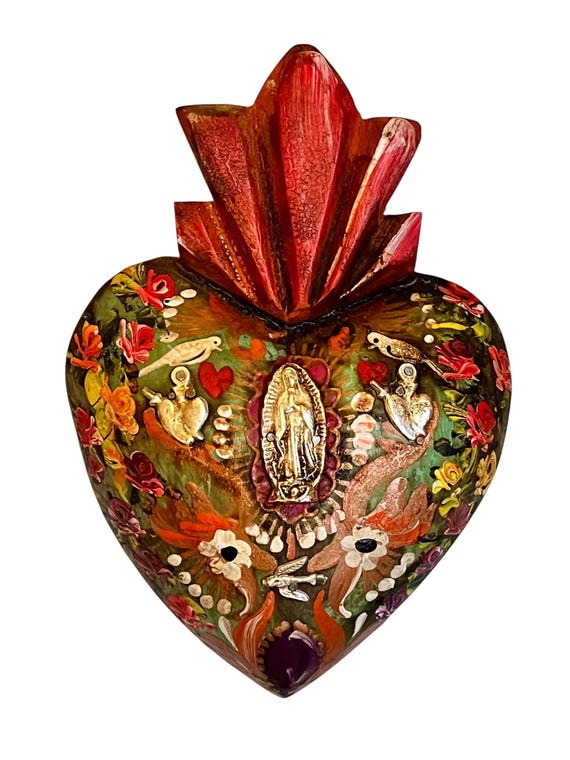 Virgin GUADALUPE Sacred HEART, Painted Milagro Heart w Doves, Mexican Corazon 8+"H