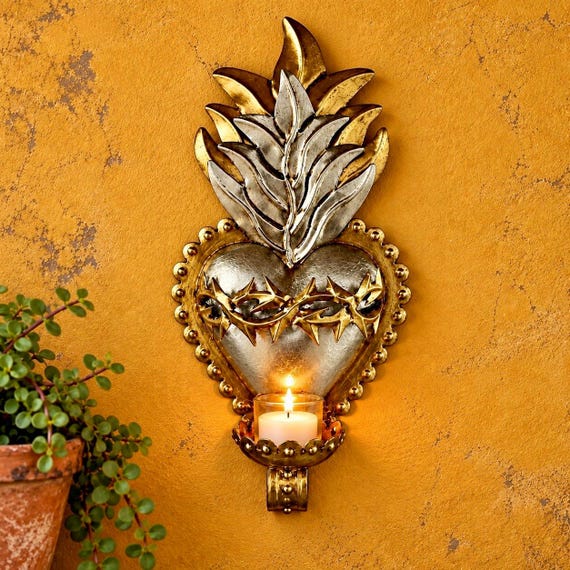 SACRED HEART Nicho, Mexican Punched Tin Candleholder, Corazon with Thorns 10.5”