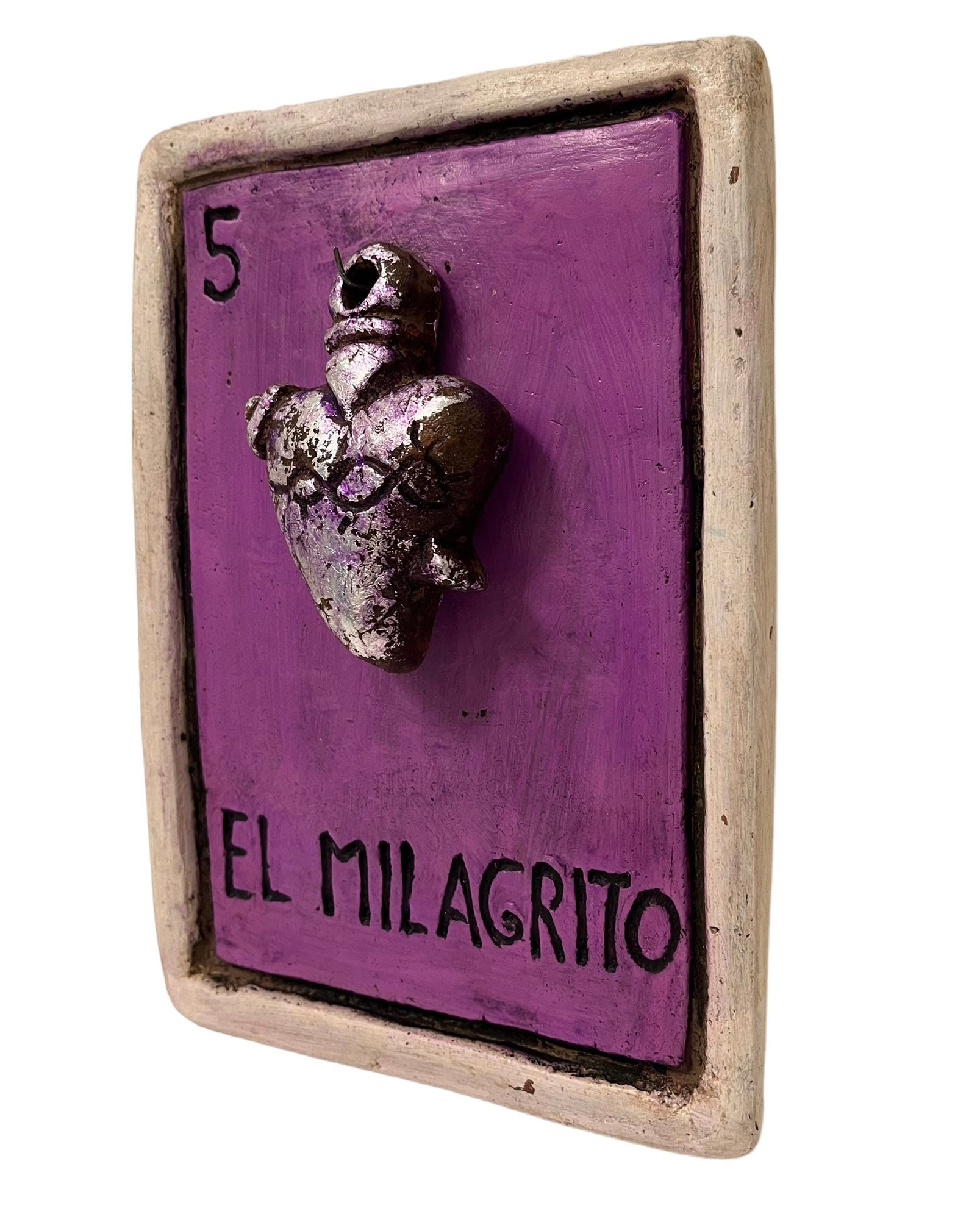LARGE Clay LOTERIA CARD Plaque, El Milagrito, Milagro Heart 9” Purple  accents