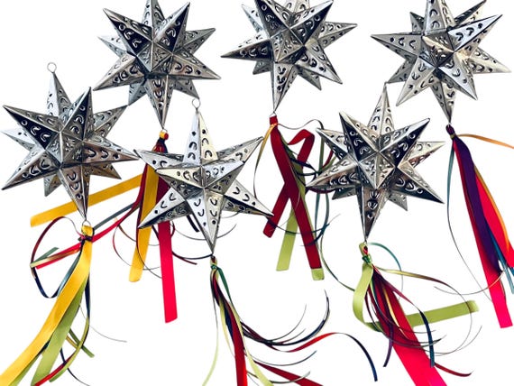 Moravian TIN STARS with RIBBONS Set (6) Mexican Star Christmas Ornaments