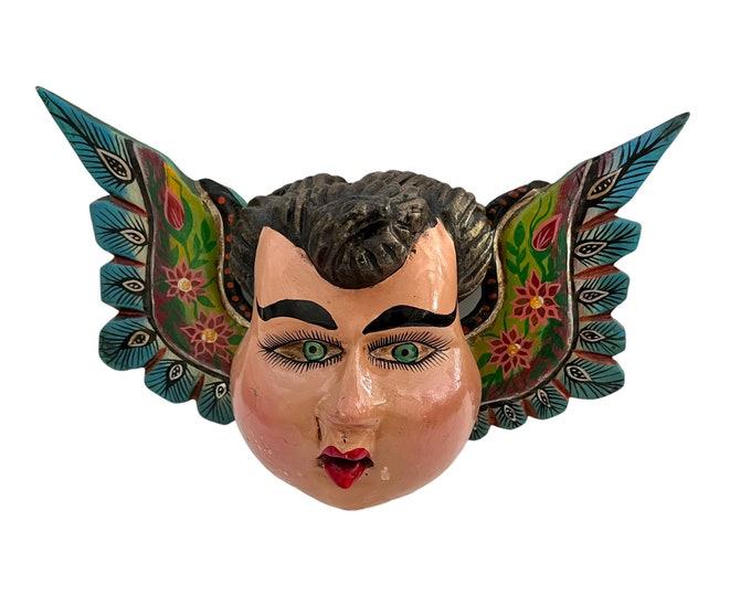 Featured listing image: WOOD ANGEL Mask, Mexican Wood Angel, Hanging Cherub, Cacheton, Chubby Cheeks Angel LG 17”