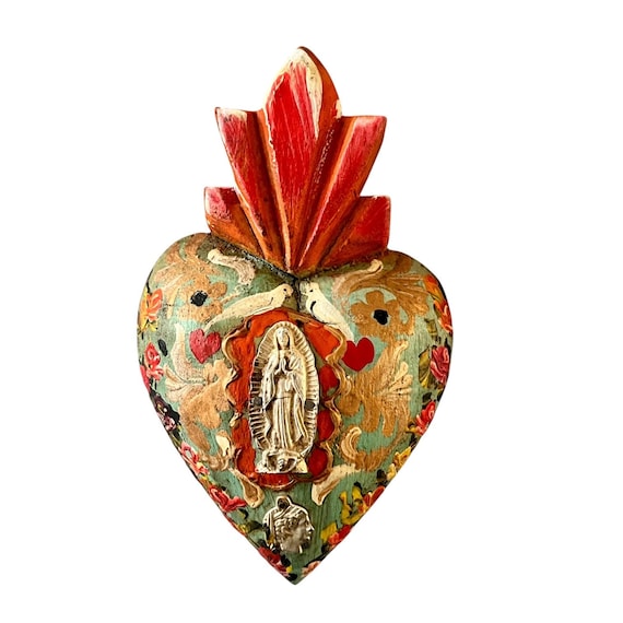 Virgin GUADALUPE Sacred HEART, Painted Milagro Heart w Doves, Mexican Corazon