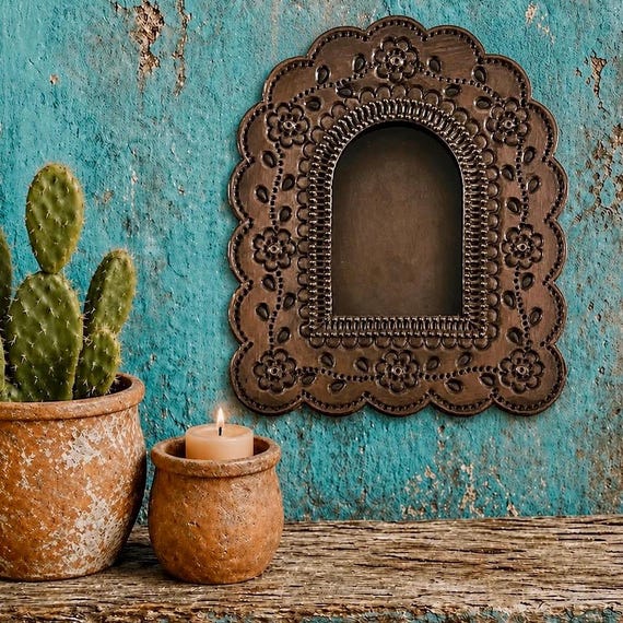 Mexican Tin NICHO, Arched Shadowbox Frame, Silver or Oxidized 7 1/2"H
