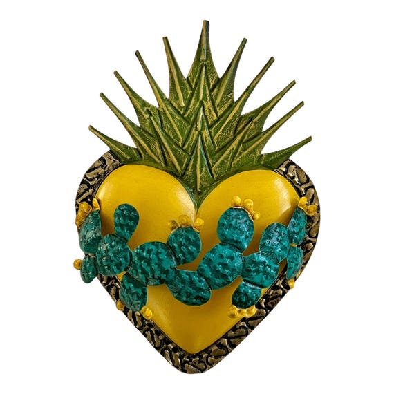 CACTUS HEART, Mexican Tin Sacred Heart with Flames, Yellow