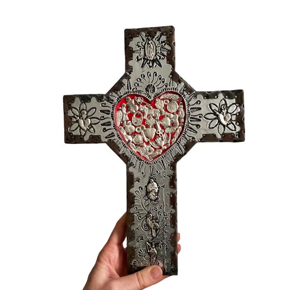 Mexican Milagros Heart Cross: Embossed Tin & Wood, 12"