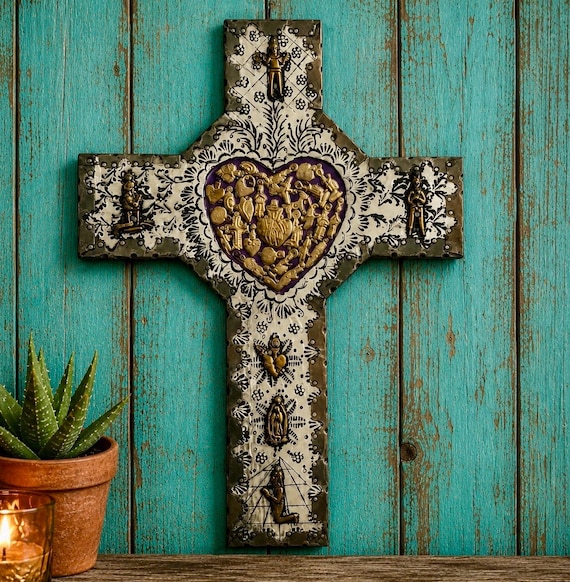 MILAGROS Heart CROSS, Mexican Milagro Embossed Tin & Wood XLG 14"