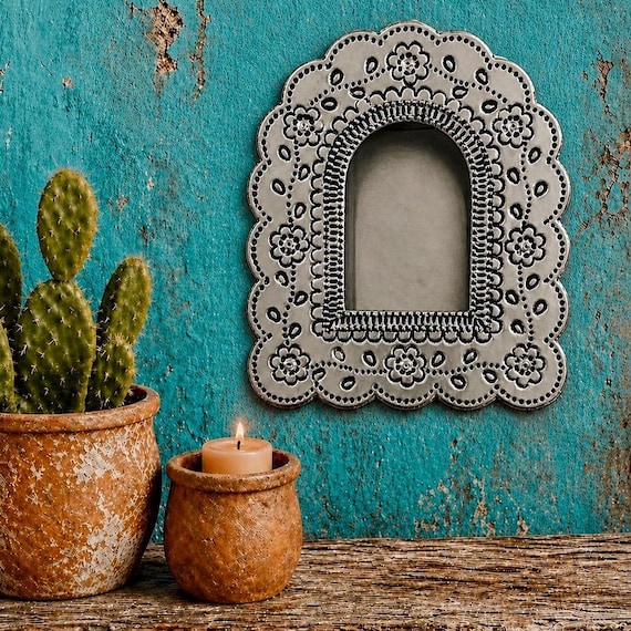 Mexican Tin NICHO, Arched Shadowbox Frame, Silver or Oxidized 7 1/2"H