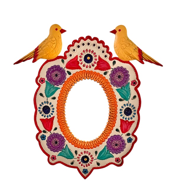 Mexican TIN MIRROR with Birds, Hand Painted Oval Mirror LG 13”H