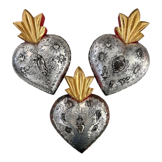 MILAGROS Heart, Wood w Embossed Tin Sacred Heart with Charms, Mexican Etched Tin, ExVotos Corazon LARGE 12”