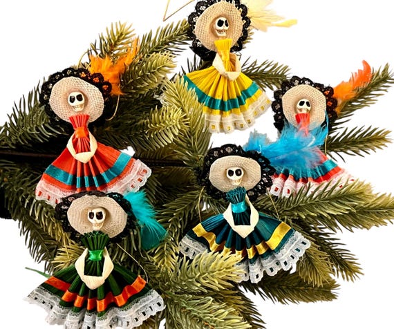 Day of the Dead CATRINA Ornaments Magnets, Set (4) CORN HUSK Mexican Christmas Decorations Party Favors