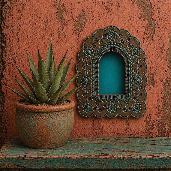 Mexican Tin NICHO, Arched Shadowbox Frame,  Oxidized w Blue Details 7 1/2"H