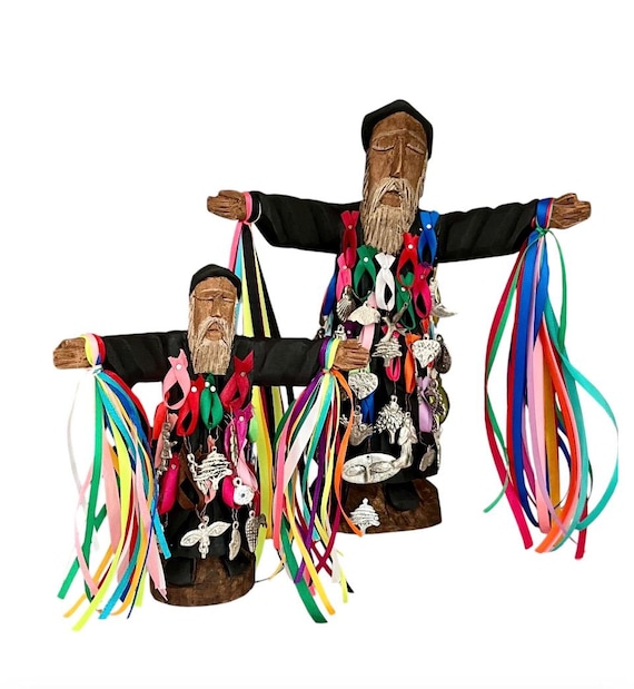St. Charbel Figurine with Milagros & Ribbons - Mexican Santo, Stand or Hang