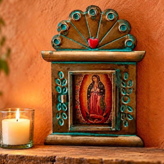 Mexican Tin Heart Nicho Frame, Virgin Guadalupe Shadowbox, Small 5”