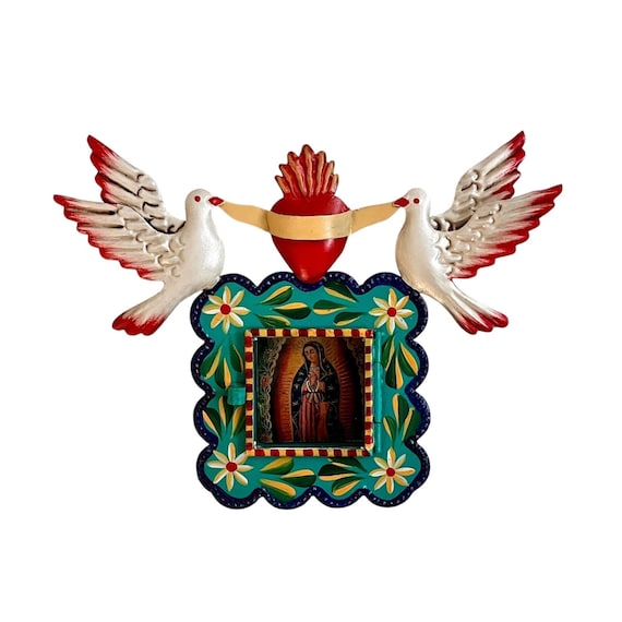 Mexican Tin Sacred Heart Nicho, Hand Painted Shadowbox Frame with Doves, VIRGIN GUADALUPE