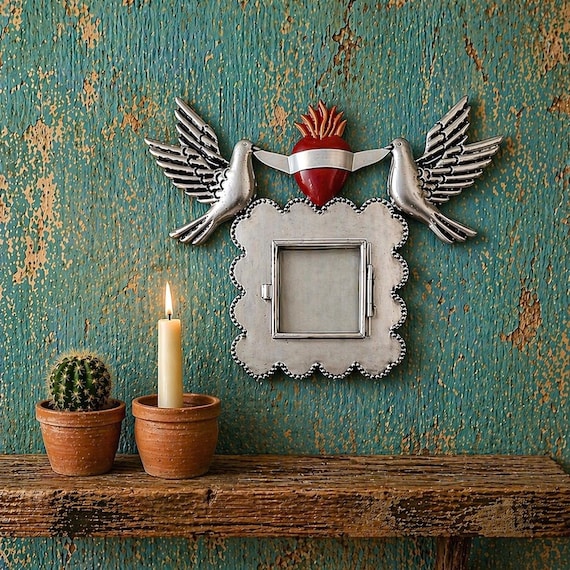 SACRED HEART Frame with Doves, Mexican Tin Heart Nicho, Shadowbox Niche, Silver