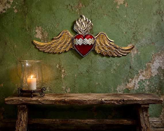 HEART with WINGS, Tin Winged Heart, Mexican Corazon 26”W