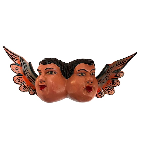 WOOD ANGEL, Two Faces Painted Angel, Cherub, Mexican Chubby Cheeks Angel