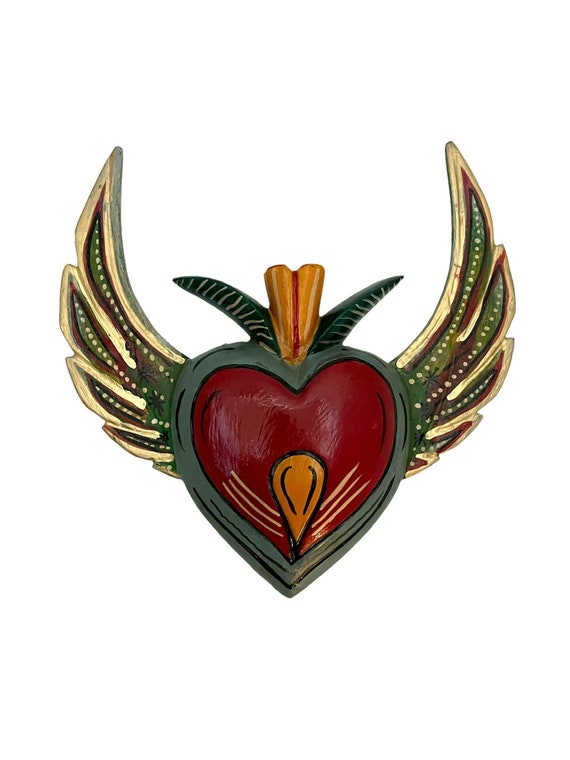 Flower SACRED HEART,  WINGED Heart, Mexican Corazon with Wings, Heart with Flower, Guerrero Carving