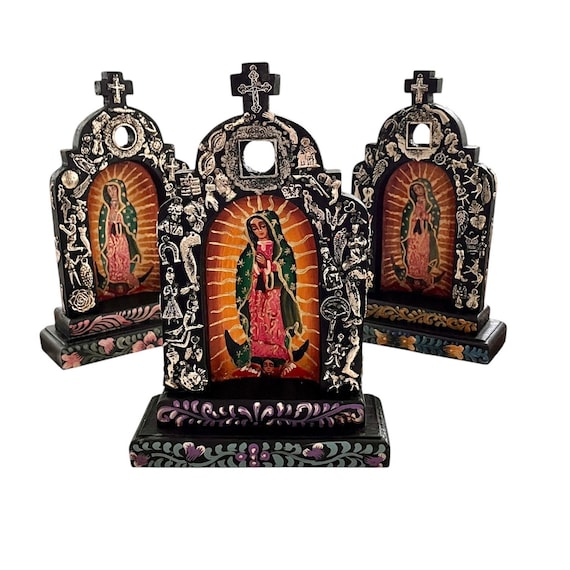 VIRGIN GUADALUPE NICHO with Milagro Charms Mexican Retablo, Church Shrine Nicho
