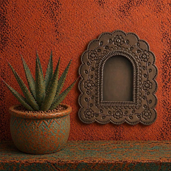 Mexican Tin NICHO, Arched Shadowbox Frame, Silver or Oxidized 7 1/2"H