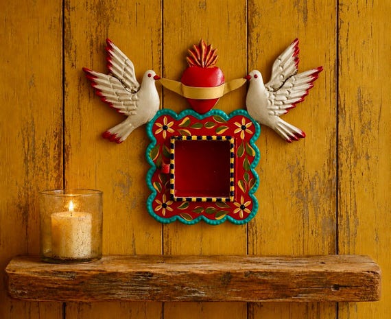 Mexican Tin Sacred Heart Nicho, Hand Painted Shadowbox Frame with Doves, RED