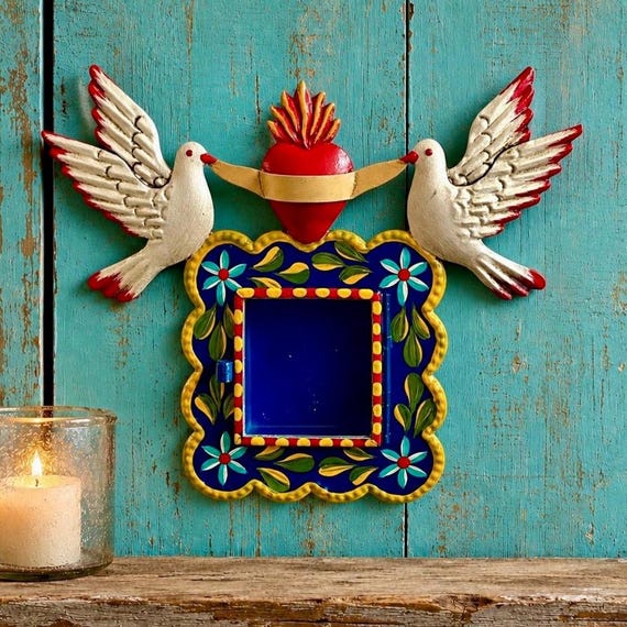 Mexican Tin Sacred Heart Nicho, Hand Painted Shadowbox Frame with Doves, BLUE