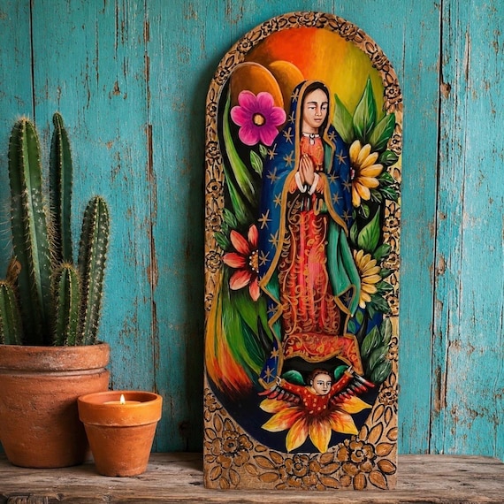 VIRGIN GUADALUPE Batea Doughbowl, LG 24” Hand Painted Mexican Retablo