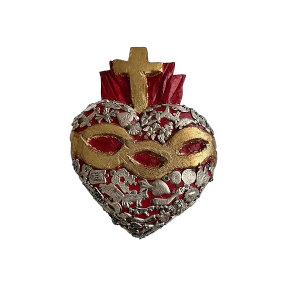 Mexican MILAGROS HEART with Cross & Thorns, Sacred Heart with Charms, ExVotos Corazon