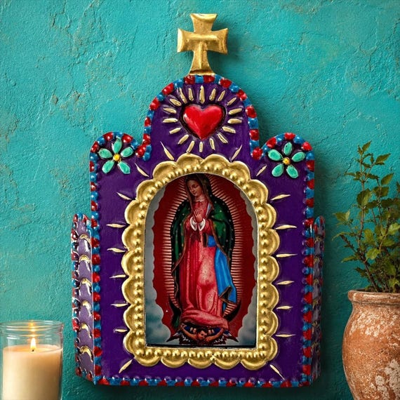 VIRGIN GUADALUPE Tin Nicho, Mexican Church Frame, Small 5 1/2”H