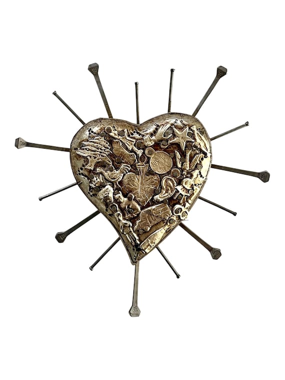 Milagros Heart with Nails, 7" Embossed Tin Mexican Corazón