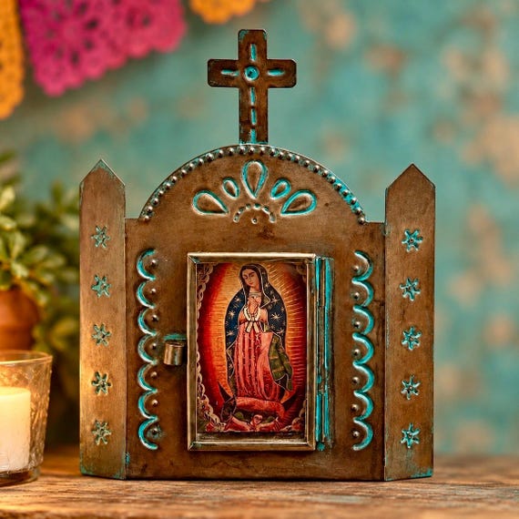 VIRGIN GUADALUPE Tin Nicho, Mexican Church Frame Niche