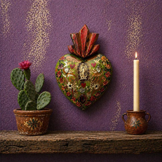 Virgin GUADALUPE Sacred HEART, Mexican Milagros Corazon 8 1/2"H
