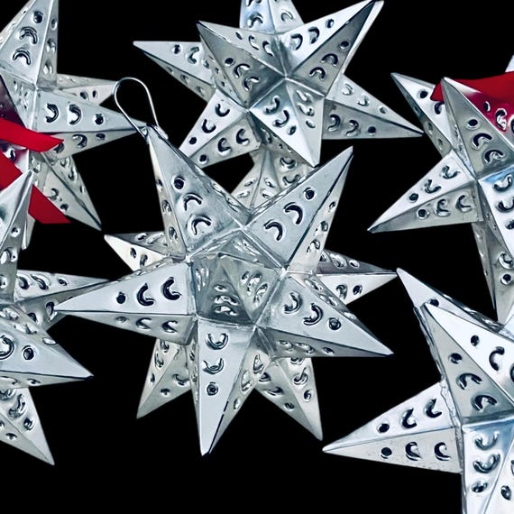TIN STARS Set (6) Moravian Stars, Mexican Christmas Ornaments, Silver 5”H